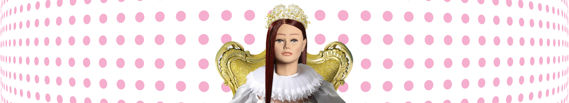Brunette coiffure head with long hair, crown and angel wings in white robe